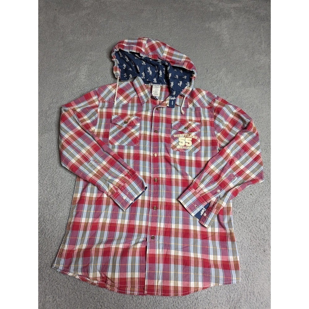 Disney Parks Button Up Plaid Shirt Mens Medium Red Disneyland Resort 1955 Hooded